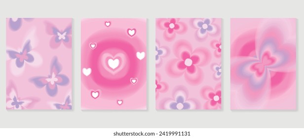 Abstract gradient Y2K style template cover vector set. Happy Valentine's Day decorate with gradient heart, pink background, flower, butterfly. Design for greeting card, fashion, commercial, banner.