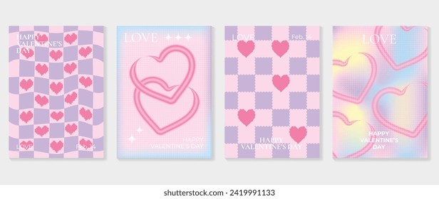 Abstract gradient Y2K style template cover vector set. Happy Valentine's Day decorate with trendy gradient heart vibrant y2k colorful background. Design for greeting card, fashion, commercial, banner.