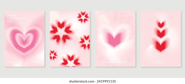 Abstract gradient Y2K style template cover vector set. Happy Valentine's Day decorate with trendy gradient heart, flower, y2k pink background. Design for greeting card, fashion, commercial, banner.