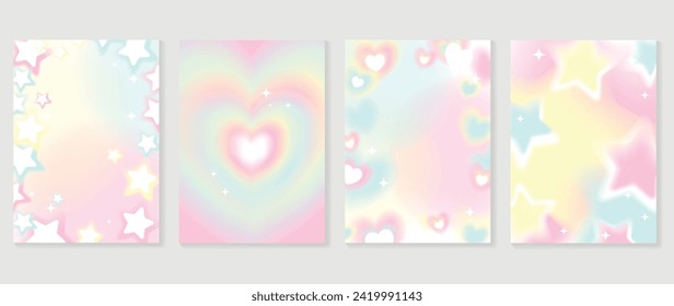 Conjunto de vectores de la cubierta de la plantilla de degradado abstracto de estilo Y2K. Feliz Día de San Valentín decorada con un moderno corazón gradiente, estrella, fondo pastel y 2k. Diseño para tarjetas de felicitación, moda, comercial, banner.