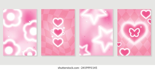 Abstract gradient Y2K style template cover vector set. Happy Valentine's Day decorate with trendy pink gradient heart, stars, butterfly, flower. Design for greeting card, fashion, commercial, banner.