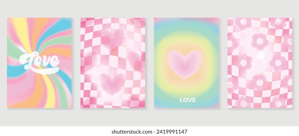 Abstract gradient Y2K style template cover vector set. Happy Valentine's Day decorate with trendy gradient heart, flower, colorful background. Design for greeting card, fashion, commercial, banner.