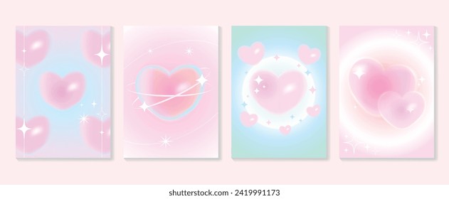 Conjunto de vectores de la cubierta de la plantilla de degradado abstracto de estilo Y2K. Feliz Día de San Valentín decorada con un fondo de colores pastel y 2k en el corazón de un degradado moderno. Diseño para tarjetas de felicitación, moda, comercial, banner.