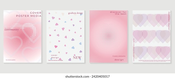 Abstract gradient Y2K style template cover vector set. Happy Valentine's Day decorate with gradient heart, pink and white background, halftone. Design for greeting card, fashion, commercial, banner.