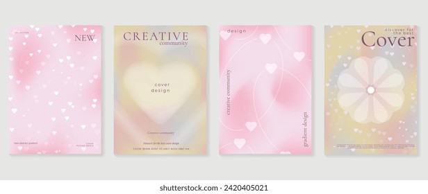 Abstract gradient Y2K style template cover vector set. Happy Valentine's Day decorate with gradient heart, pink background. Design for greeting card, fashion, commercial, banner.