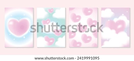 Abstract gradient Y2K style template cover vector set. Happy Valentine's Day decorate with trendy gradient heart, cloud, colorful background. Design for greeting card, fashion, commercial, banner.