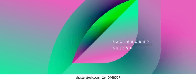 Abstract gradients blend, creating vibrant flowing shapes. Pink, purple, turquoise hues dominate composition. Minimal text present.