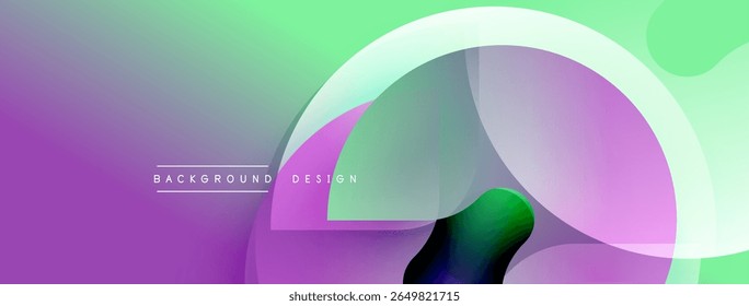 Abstract gradients blend purple, green hues. Overlapping shapes create dynamic visual effect. Minimalist text reads background design.