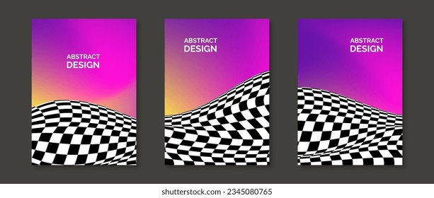Abstract gradients with checkered liquid surfaces. Distorted black and white pattern on pink magenta backgrounds. Bright design templates for poster, banner, brochure, flyer, cover. Vector set