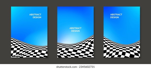 Abstract gradients with checkered liquid surfaces. Distorted black and white pattern on blue green backgrounds. Bright design templates for poster, banner, brochure, flyer, cover. Vector set