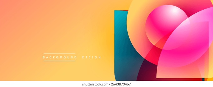 Gradientes abstratos criam composição dinâmica. As cores quentes dominam, apresentando formas laranja, rosa e azul. Elementos de design modernos sugerem fluidez, profundidade.