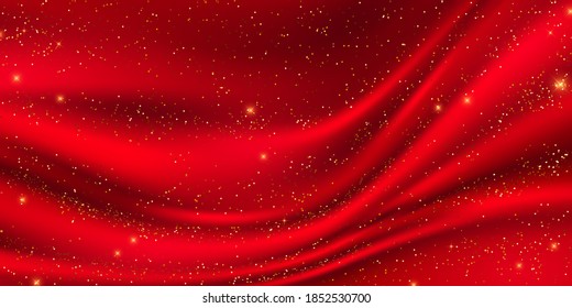Abstract gradients, fabric red waves banner template background. Golden glitter