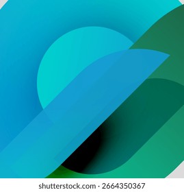 Abstract gradients overlap, creating fluid shapes. Blue, turquoise, green hues blend seamlessly. Modern design, simple composition.