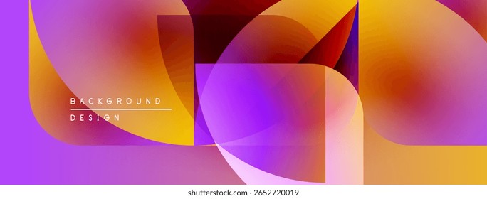Abstract gradients overlap, creating vibrant geometric composition. Purple, orange hues dominate design. Modern aesthetic.