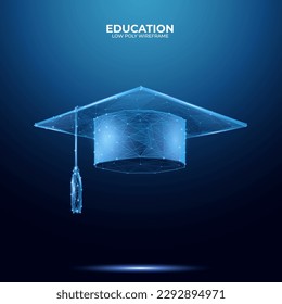 Abstract graduate college, high school or university cap. Low poly wireframe vector illustration on technology blue background. Education concept. 