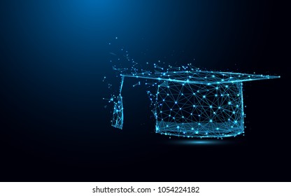 Abstract Graduation cap form lines and triangles, point connecting network on blue background. Illustration vector