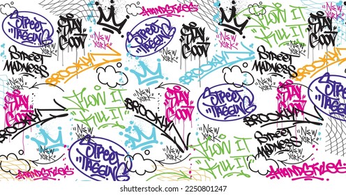 Abstract graffiti art background with scribble throw-up and tagging hand-drawn style. Street art graffiti urban theme for prints, patterns, banners, and textiles in vector format.