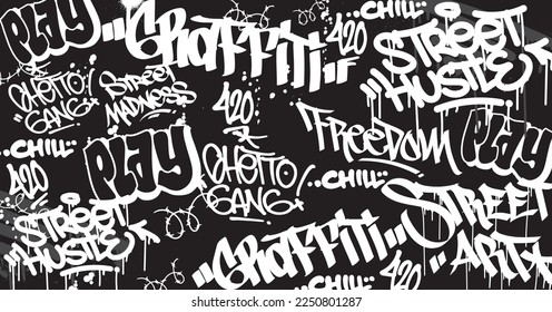 Abstract graffiti art background with scribble throw-up and tagging hand-drawn style. Street art graffiti urban theme for prints, patterns, banners, and textiles in vector format.