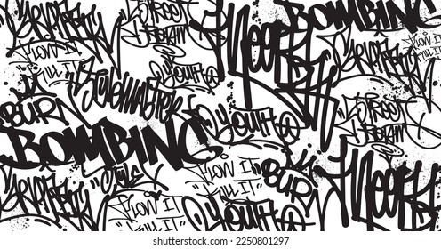 Abstract graffiti art background with scribble throw-up and tagging hand-drawn style. Street art graffiti urban theme for prints, patterns, banners, and textiles in vector format.