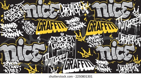 Abstract graffiti art background with scribble throw-up and tagging hand-drawn style. Street art graffiti urban theme for prints, patterns, banners, and textiles in vector format.