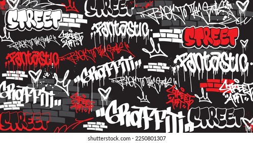 Abstract graffiti art background with scribble throw-up and tagging hand-drawn style. Street art graffiti urban theme for prints, patterns, banners, and textiles in vector format.