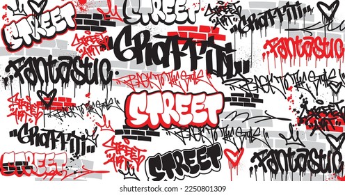 Abstract graffiti art background with scribble throw-up and tagging hand-drawn style. Street art graffiti urban theme for prints, patterns, banners, and textiles in vector format.