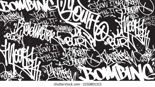 Abstract graffiti art background with scribble throw-up and tagging hand-drawn style. Street art graffiti urban theme for prints, patterns, banners, and textiles in vector format.