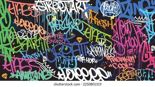 Abstract graffiti art background with scribble throw-up and tagging hand-drawn style. Street art graffiti urban theme for prints, patterns, banners, and textiles in vector format.