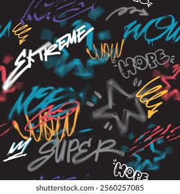 Abstract graffiti art background with scribble throw-up and tagging hand-drawn style. Street art graffiti urban theme for prints, patterns, banners, and textiles in vector format.