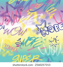 Abstract graffiti art background with scribble throw-up and tagging hand-drawn style. Street art graffiti urban theme for prints, patterns, banners, and textiles in vector format.