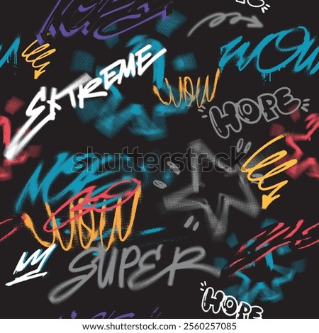 Abstract graffiti art background with scribble throw-up and tagging hand-drawn style. Street art graffiti urban theme for prints, patterns, banners, and textiles in vector format.