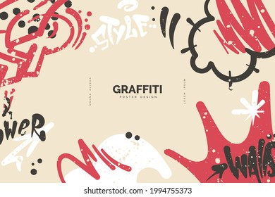 Abstract graffiti background with colorful tags, paint splashes, scribbles and throw up pieces. Street art banner design. Artistic poster in hand drawn graffiti style. Vector illustration