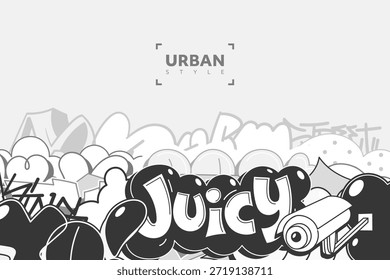 Fondo de graffiti Abstractas con piezas y etiquetas estilizadas. Tonos monocromos de negro, gris y blanco. Ideal para la marca de la cultura de la calle, eventos musicales, Anuncios juveniles, volantes.