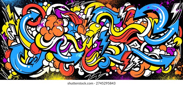 Abstract graffiti background with vibrant colors, dynamic flowing waves, bubbles and arrows shapes. Graffiti vector urban theme for prints, banners, and textiles