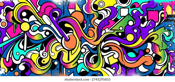 Abstract graffiti background with vibrant colors, dynamic flowing waves, bubbles and arrows shapes. Graffiti vector urban theme for prints, banners, and textiles