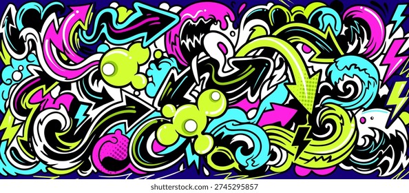 Abstract graffiti background with vibrant colors, dynamic flowing waves, bubbles and arrows shapes. Graffiti vector urban theme for prints, banners, and textiles