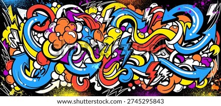 Abstract graffiti background with vibrant colors, dynamic flowing waves, bubbles and arrows shapes. Graffiti vector urban theme for prints, banners, and textiles
