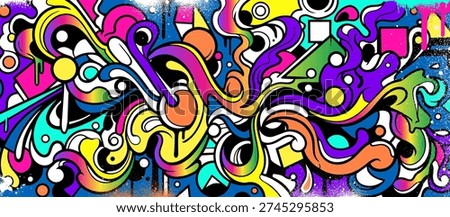 Abstract graffiti background with vibrant colors, dynamic flowing waves, bubbles and arrows shapes. Graffiti vector urban theme for prints, banners, and textiles