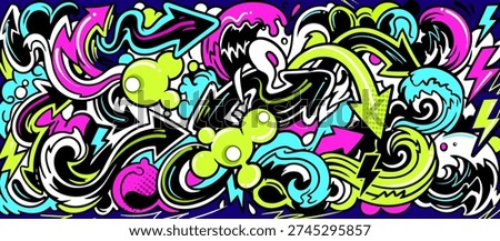 Abstract graffiti background with vibrant colors, dynamic flowing waves, bubbles and arrows shapes. Graffiti vector urban theme for prints, banners, and textiles