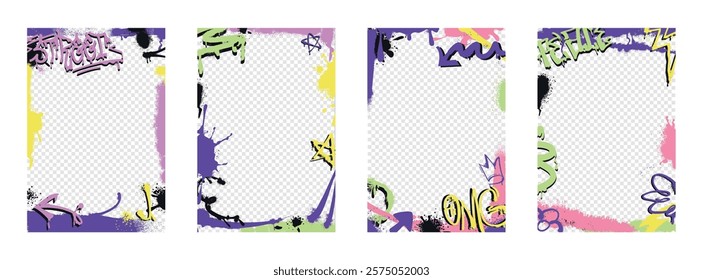 Abstract graffiti border or frame with spray paint stickers, urban elements and tags with inky drips and splashes. Vector set of hand drawn hip hop street art square covers with transparent background