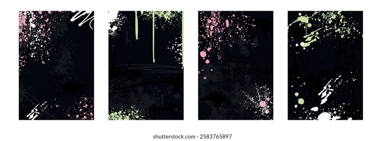 Abstract graffiti borders, rectangle frames with spray paint drops, splatter texture, urban elements and inky drips. Vector set of hand drawn hip hop street art black covers with dirty grunge splashes