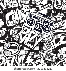 Abstract  graffiti pattern. With bricks, paint drips, words in graffiti style. Graphic urban design for textiles, sportswear, prints.

