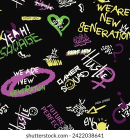 Abstract graffiti pattern with colorful tags, paint splashes, scribbles and throw up pieces. Artistic covers set in hand drawn graffiti style. Vector illustration