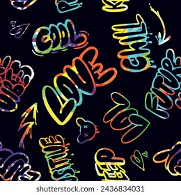 Abstract graffiti pattern. With slogan, bricks, paint drips, words in graffiti style. Graphic urban design for textiles, sportswear, prints.
