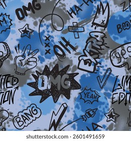 Abstract graffiti pattern. With slogan, bricks, paint drips, words in graffiti style. Graphic urban design for textiles, sportswear, prints.