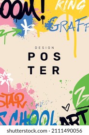 Abstract graffiti poster. Beige vertical banner with inscription, smudges, spray and hand drawn phrases. Design element for printing and wall decoration. Cartoon modern flat vector illustration