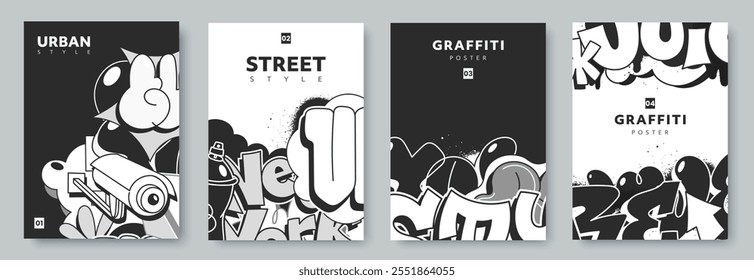 Abstract graffiti poster in black and white colors with doodles, scribbles and throw up pieces. Street art background collection. Artistic covers set in hand drawn graffiti style. Vector illustration