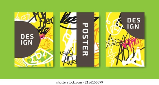 Abstract graffiti poster with colorful doodles, street art background collection. Artistic cover set in hand drawn graffiti style. Vector illustration