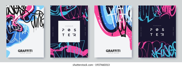 Abstract graffiti poster with colorful tags, paint splashes, scribbles and throw up pieces. Street art background collection. Artistic covers set in hand drawn graffiti style. Vector illustration - Shutterstock ID 1937460313