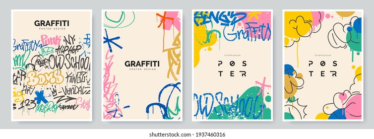 Abstract graffiti poster and colorful tags  paint splashes  scribbles   throw up pieces  Street art background collection  Artistic covers set in hand drawn graffiti style  Vector illustration